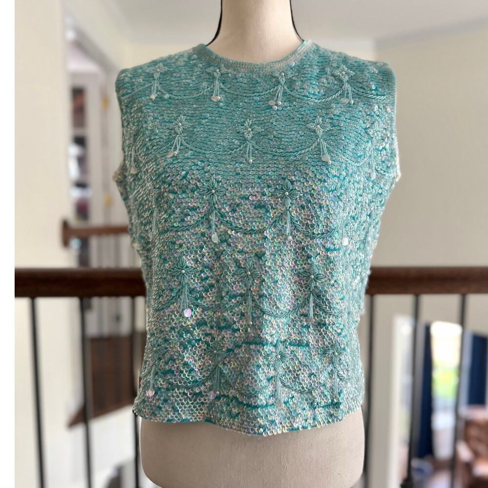 Vintage 60s Aqua Blue Wool Beaded Scallop Floral Dangle Sleeveless Shell Tank